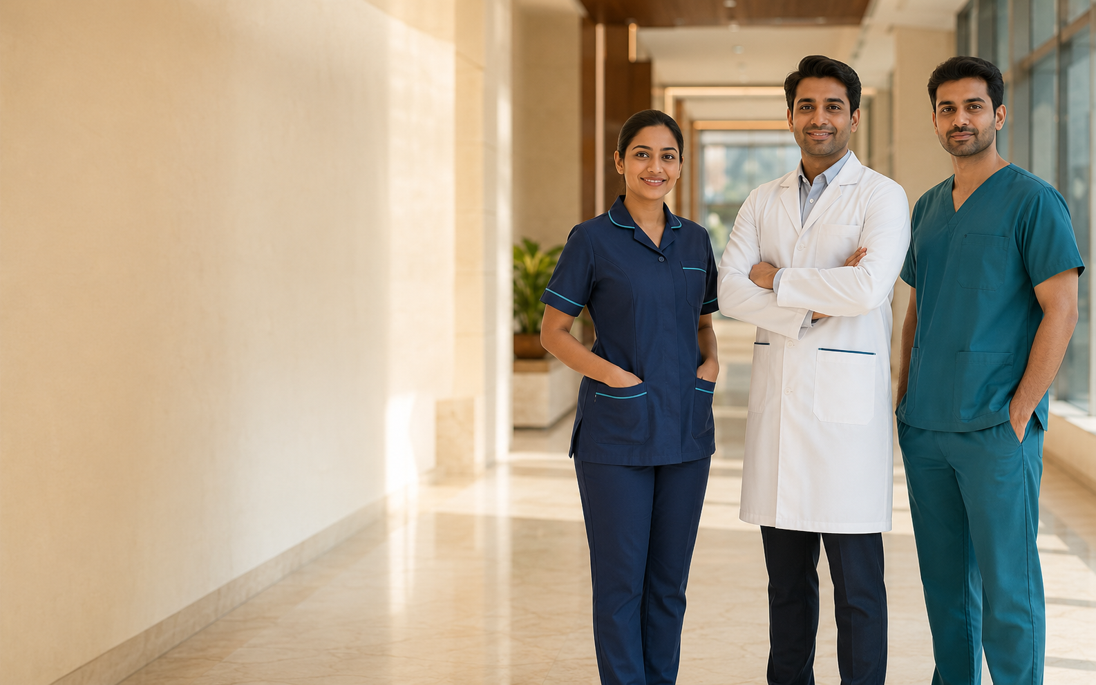 Indian healthcare team wearing MedONN hospital uniforms