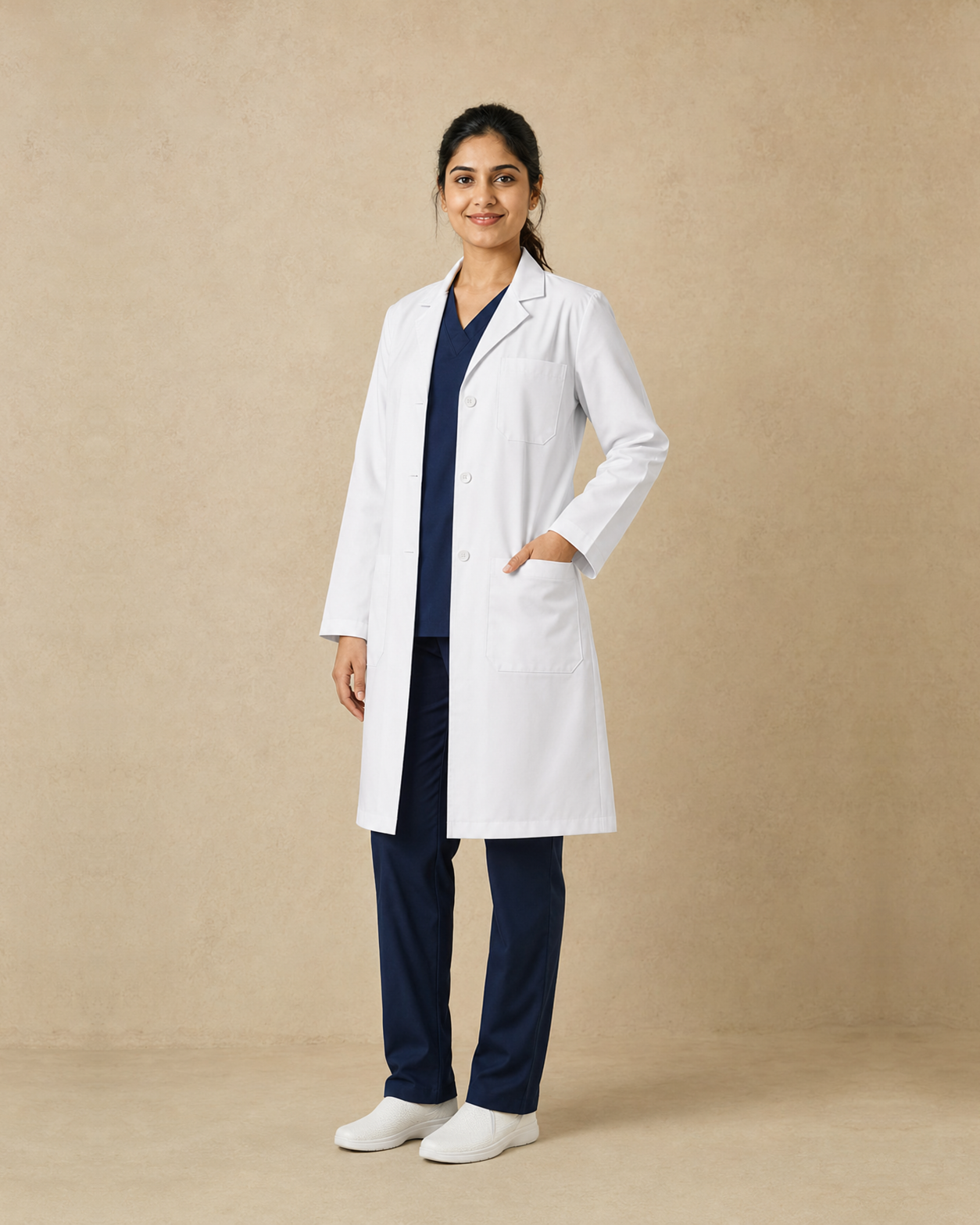 Doctor wearing a tailored full-sleeve white MedONN coat