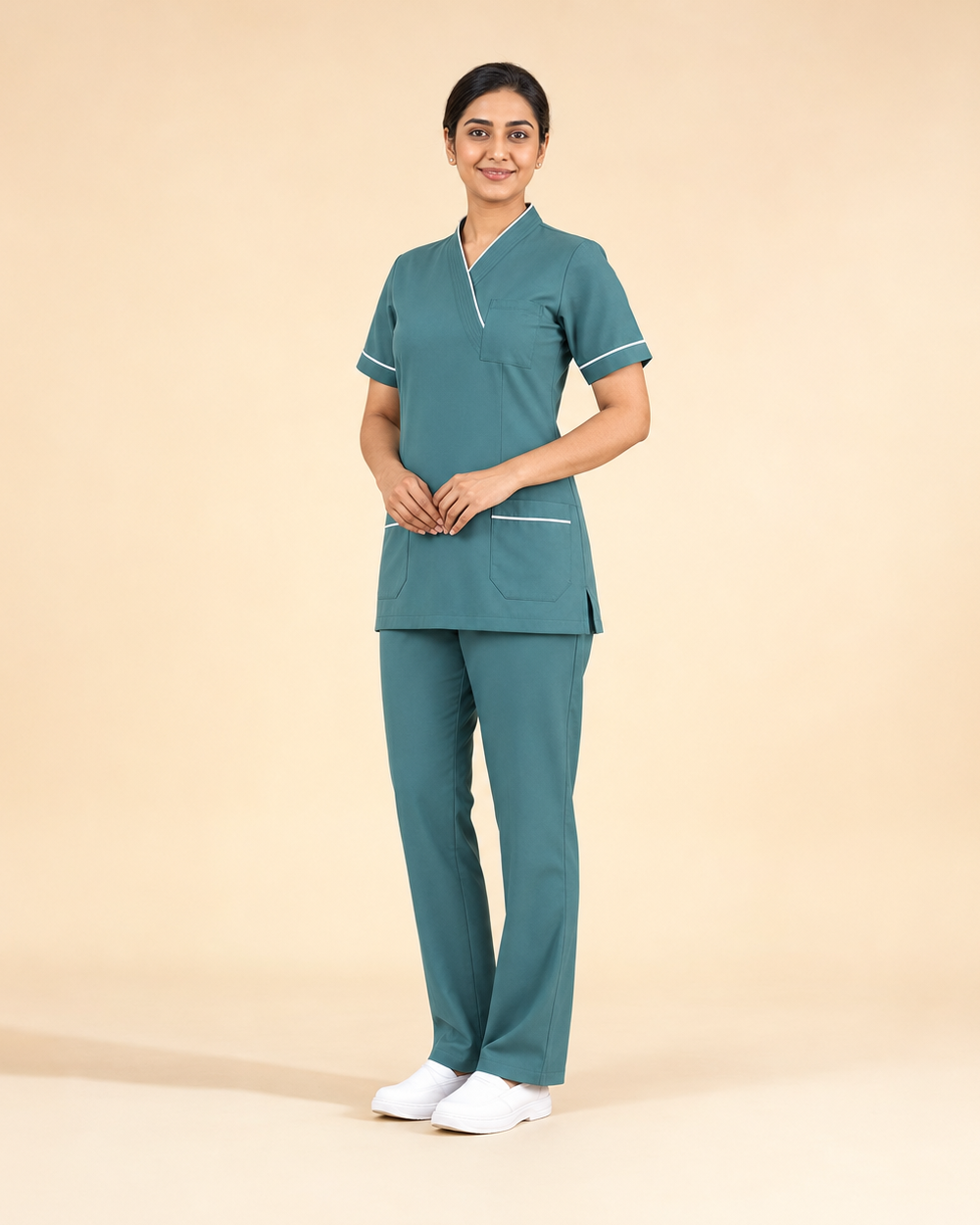 Nurse wearing a tailored teal MedONN uniform
